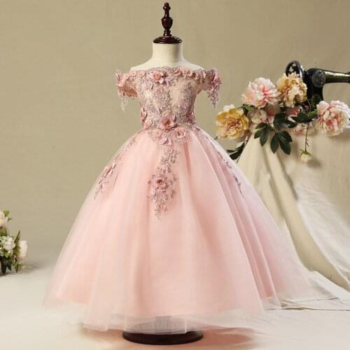 Lovely Flower Girl Dresses Tulle Beading Appliqued Pageant Wedding Dresses For Girls First Communion Dresses Kids Prom Dresses