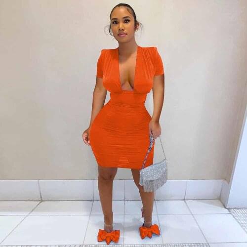 Orange/black/blue High Waist Slim Fit Mini Dress Women Sexy Deep V Neck Short Sleeve Vestidos Summer Female Package Hip Vestido