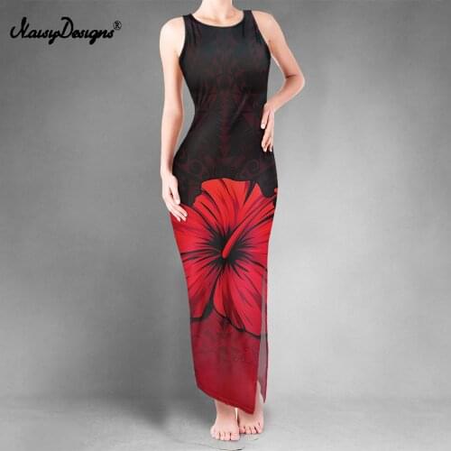 Noisydesigns Summer Women Bodycon Dress With Slit Sexy O Neck Club Evening Runway Party Long Red Hibiscus Floral Dresses Vestito