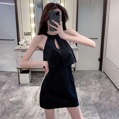 Real shot 2020 new fashion female temperament sexy hanging neck hollow sleeveless solid color was thin temperament black dress