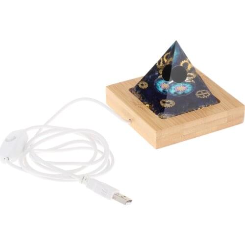 Orgone Pyramid Obsidian Sphere Blue Crystal with Light Wooden Base Hand Crafted Eco Friendly Dimensions 6x6x6cm