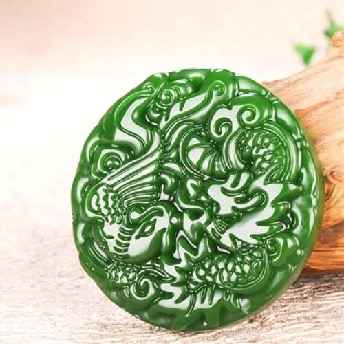 Natural Green Jade Dragon Phoenix Pendant Necklace Chinese Hand-Carved Charm Jadeite Jewelry Fashion Amulet for Men Women Gifts