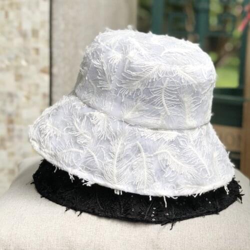 Sun Seaside Vintage Elegant Lace Bucket Hat Women Summer Beach Sun Hats Feather Embroidery Caps Breathable Fisherman Gorros