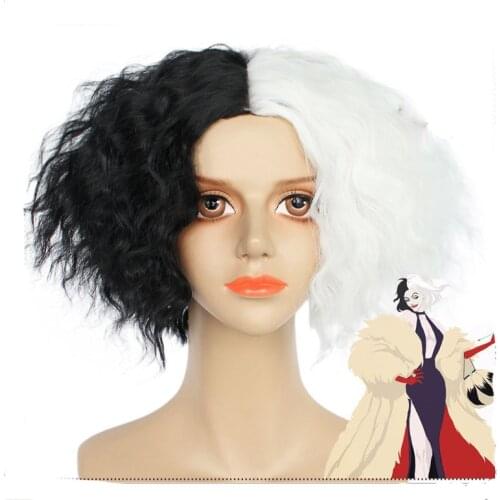 Movie Cosplay Villain Cruella Cosplay Cruella Wig Emma Stone Short Black White and Black Brown Curly Hair Wigs Cosplay Costume