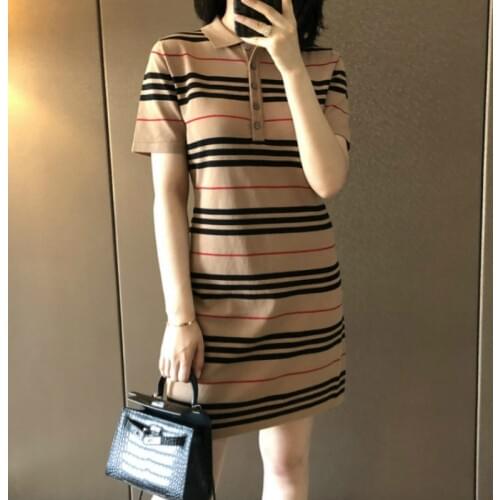 2021 Summer Korean Dress Women Stripe patchwork sweater Polo Dresses casual Short Sleeve Midi Tshirt dress girl Clothes Vestidos