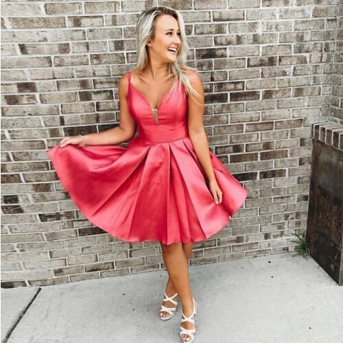 Simple V-neck Watermelon Homecoming Dresses Spaghetti Straps Short Graduation Formal Party Dresses Knee Length Prom Gowns