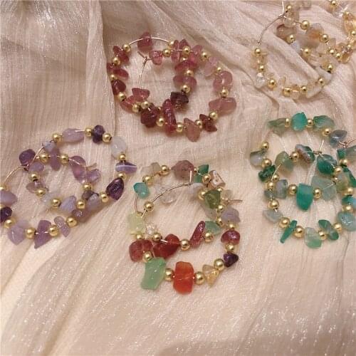 Momiji Mix Color Nature Stone Hoops Earrings Bohemian Jewelry All Handmade Irregular Stone with Metal Beads Statement Earrings