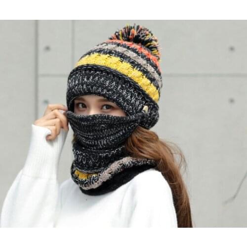 Hat winter womens Mask Hat for girls Scarf Thick Warm Fleece Inside Knitted Hat Scarf Set 3pcs Winter Riding fashion Hats