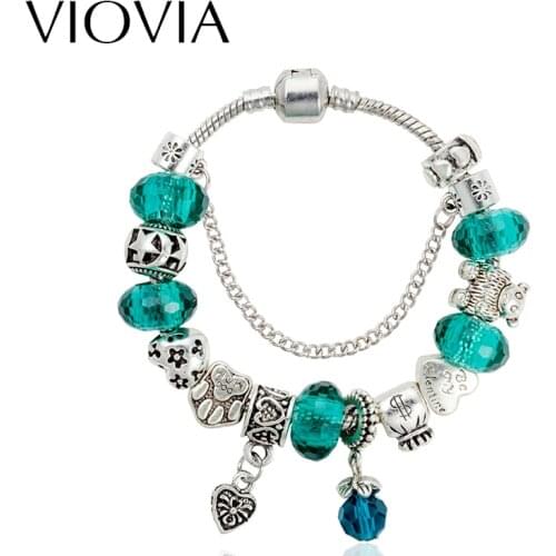VIOVIA New Arrive Cute Dog Bear Money Packing Green Glass Beads Fit Bracelet For Women Love Gifts Fashion Charms Jewelry B15349