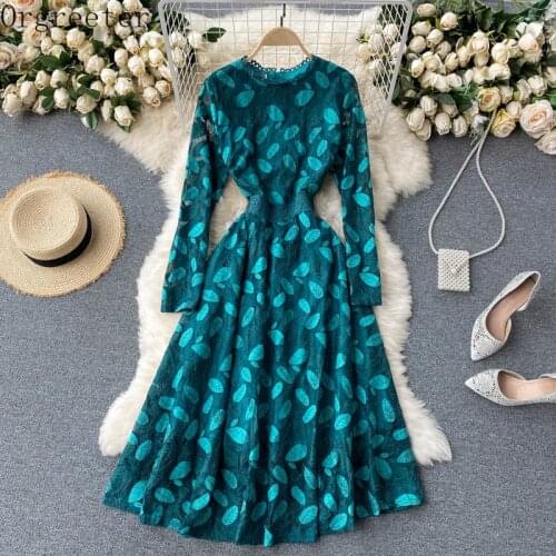 Leaf jacquard Lace Dress for Women Elegant Long Sleeve O Neck A-line Green Dress Spring Fall Retro Fashion Streetwear Midi Dress