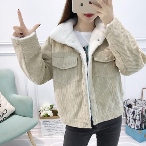 Spring Autumn Winter New 2021 Women lambswool jean Coat With 4 Pockets corduroy Warm Jeans Coat Female Outwear Wide Denim Jacket