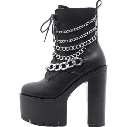 Plus Size 35-42 Autumn Winter Gothic Women Ankle Boots Fashion Metal Chain PU Leather Female Short Boots Punk Style Ladies Shoes