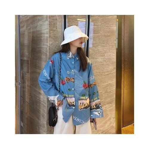 Women Summer Shirts Kawaii Lovely Retro Printed Port Wind Loose Retro Shirt Female Sweet Punk Tunic For Girl Womens Cute Top