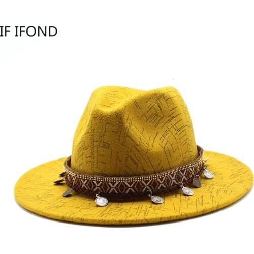 Ethnic Style Wool Felt Fedoras Hats For Women Wide Brim Casual Autumn Winter Holiday Top Jazz Caps