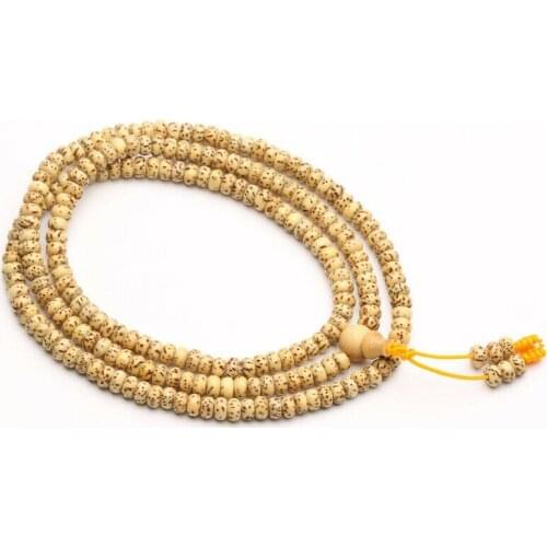 3x5mm Tibetan Buddhism 216 White star & moon bodhi seed Flat Bead Mala Necklace