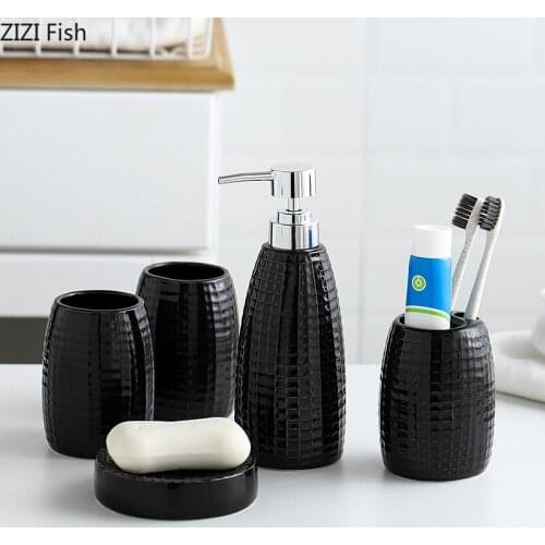 5Pcs/set Bathroom Set Black Grid Ceramic Toiletries Shower Gel Bottle Soap Dishes Mouthwash Cup Toothpaste Holder Wash Tools