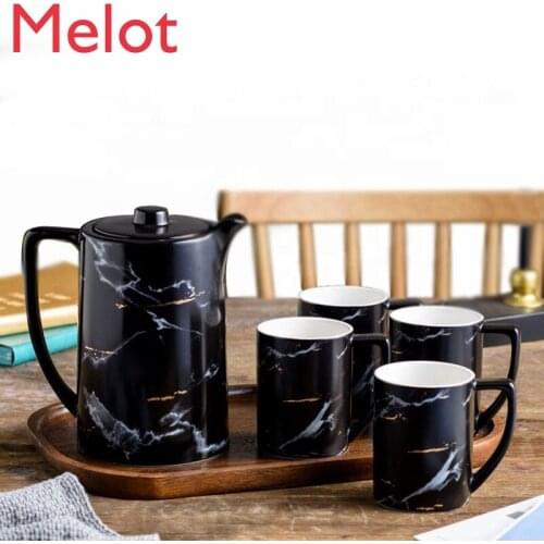 Black And White Marbled Ceramic Coffee Tea Set Porcelain Afternoon Tea Pot And Tea Cup Set With Wood Tray