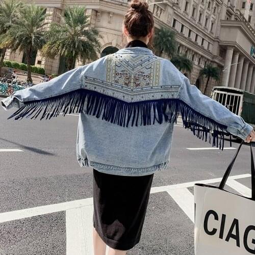 2020 Real Shot Hong Kong Style Loose Worn Washed Medium Length Denim Jacket Free Shipping Tassel