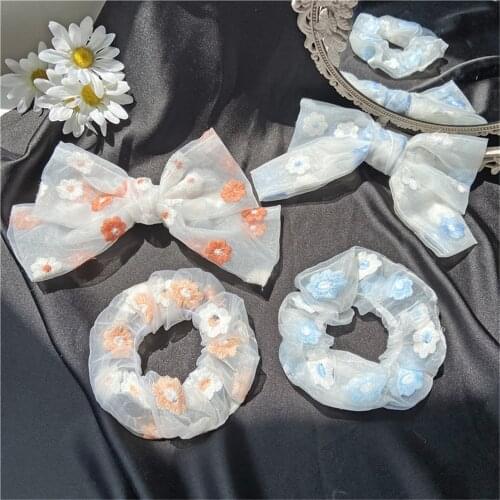 Hot 1/2pcs Sweet Cute Scrunchies Embroidered Designs Flower Organza Hairband Big Bow Hairpin For Women Girl Hair Accessories