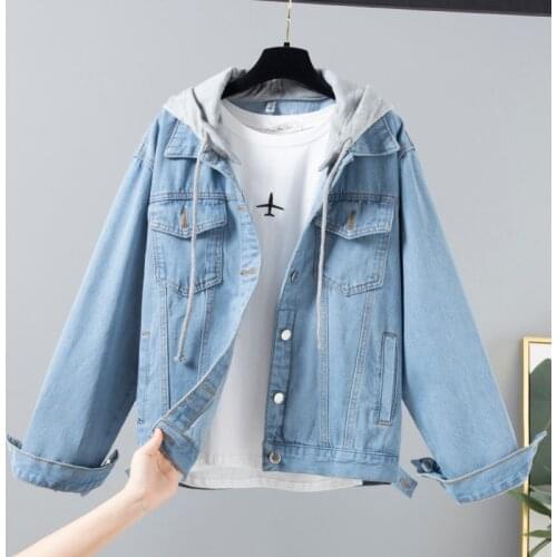 Loose Hooded Vintage Denim Coat Women Spring Autumn New Harajuku Female Jacket Plus size Long Sleeve Blue Black Casual Outerwear
