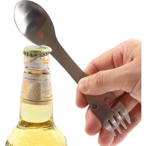 5 in 1 Multifunctional Knife Outdoor Tool Stainless Steel Camping Fishing Survival Kit Fork Knife Spoon Bottle Can Opener Silver