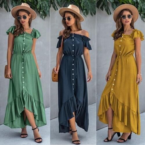 Fashion Ruffled Summer Womens Dress One-word Collar Button-tethered Long Dress Irregular Backless Street Style Female Vestidos