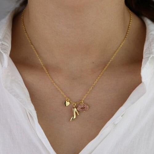 Vogue lady jewelry gold filled cz high-heeled shoes red kiss cute tiny heart lovely small charm delicate necklace