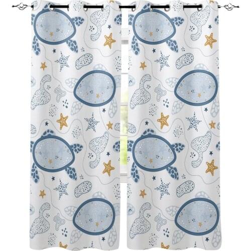 Marine Life Starfish Turtle Nautical White Printed Window Curtains Living Room Bedroom Curtains Polyester Cloth Home Decor