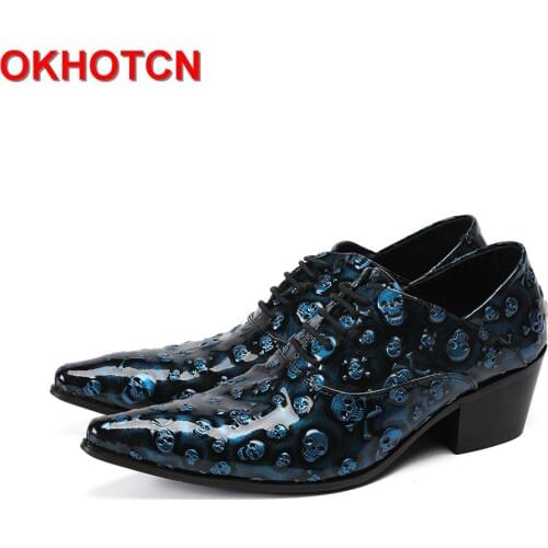 Blue Lace Up Oxford Shoes For Men Skull Design Pointed Toe Men Shoes Leather Handmade Spring Autumn Dress Shoe Zapatos De Hombre