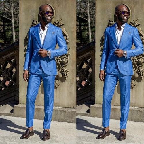 Blue Striped Men Blazers Banquet Party Prom Slim Fit Wedding Tuxedo Suit Jacket Costume Nightclub Singer 2 Pieces