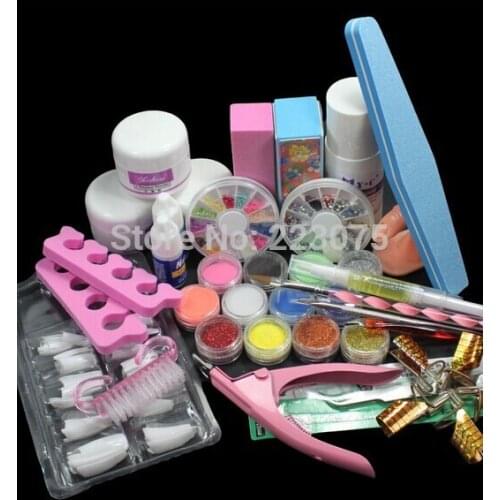 Nail Art Set Acrylic Liquid Glitter Powder File Brush Form Tips Tools DIY Kit