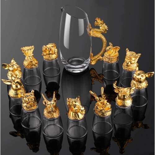 A Set Of Household Crystal Glass 12 Zodiac White Wine Glasses Decanter Set Restaurant Party Wine Glass Chinese Retro Wine Set