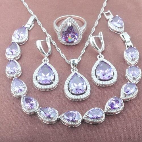 2021 New Water Drop Purple Crystal Silver Plated Jewelry Sets For Women Bracelet Necklace Pendant Earrings Ring YZ0567