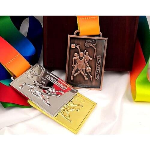 Square New Metal Medal Match Medals Badges Souvenirs Basketball Sports Gold Medal with Colour ribbon School sports Metal