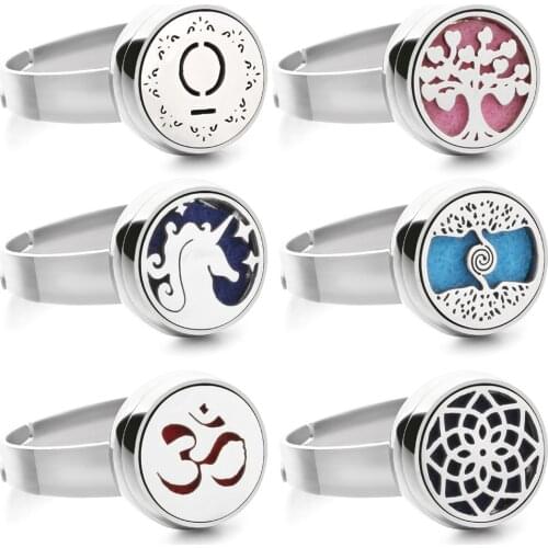 New Aromatherapy Ring Locket Jewelry 316 Stainless Steel Tree Flower Essential Oil Diffuser Ring Adjustable Open Rings for Women