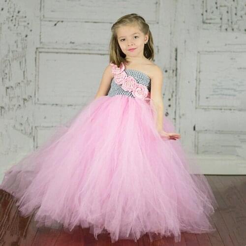 Lovely Girls Pink Roses Flower Tutu Dress Kids Crochet Corset Long Tulle Dress Ball Gown Children Wedding Party Costume Dresses