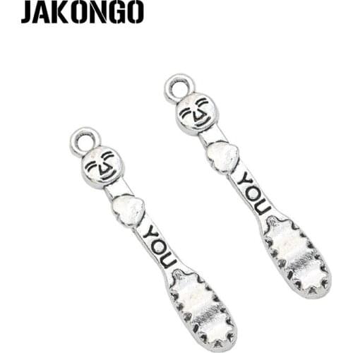 JAKONGO Antique Silver Plated Love Heart Toothbrush Charms Pendants for Bracelet Jewelry Making Accessories DIY Handmade 38x6mm