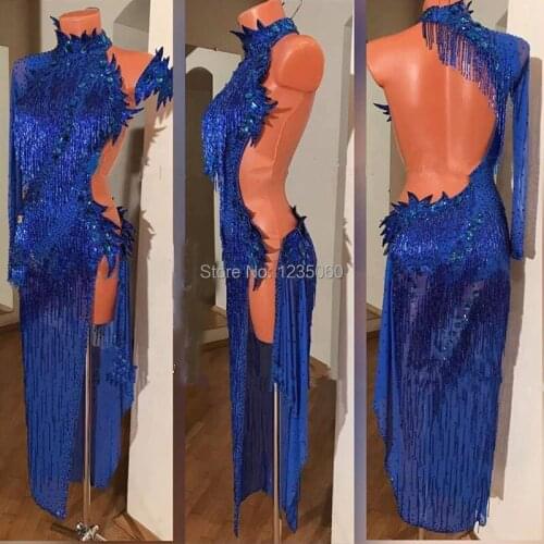 Blue bead tube Latin dance dress Shiny rhinestones Ballroom Latin Dance Competition Dress Single sleeve backless ChaCha dress