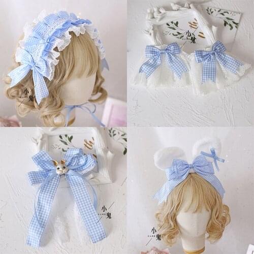 Japanese Sweet Light Blue Plaid Lolita Hair band Hair clip Soft sister Small object Side Clip Lace Bowknot hair hoop Hand cuff