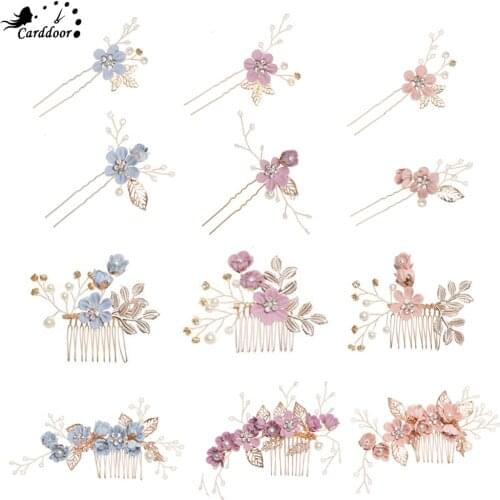 Carddoor Fashion Jewelry Hair Combs Blue Red Pink Flower Gold Leaves Hair Pins Headdress Prom Bridal Wedding Hair-Accessories