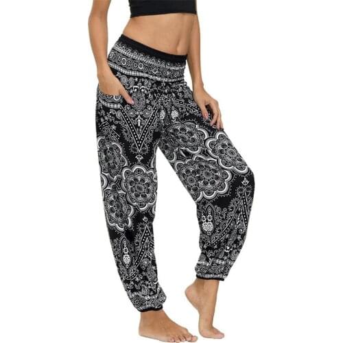 2020 Women Harem Pants Ethnic Print Home Fitness Wear Sarouel Femme Elastic Waist Loose Wide Leg Trousers
