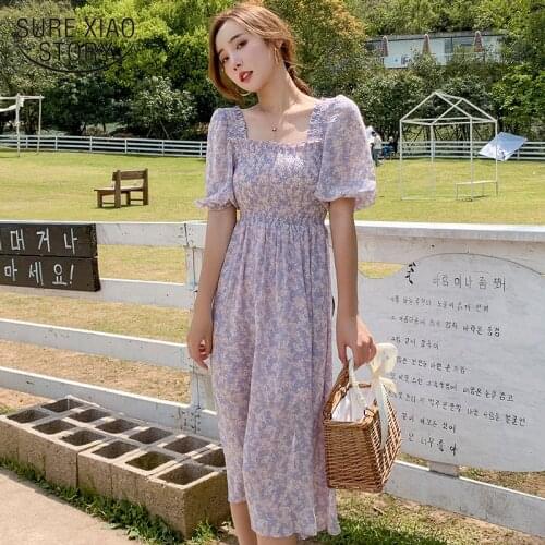Korean Prairie Chic Vintage Maxi 2021 Summer Chiffon Floral Puff Sleeve Square Collar Women Dress Robe Longue Femme Ete 14672