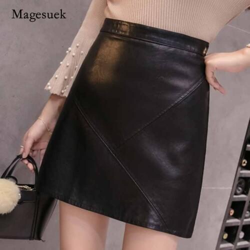 2020 New Casual Solid Black Hip Skirt Chic Short Skirt Leather Skirt Womens Thin High Waist A-line SkirtFaldas Cortas 10762