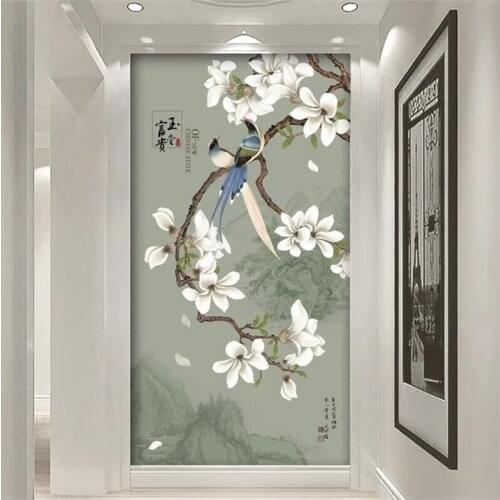 Beibehang Custom 3D porch mural ink landscape magnolia bird corridor porch aisle 8D background decorative painting 5D wallpaper