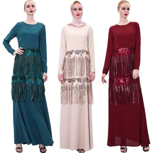 Abaya Muslim Women Long Dress Luxury Sequins Tassel Turkish Arab Jilbab Maxi Robe Islamic Ramadan Malaysia Oman Gown Middle East