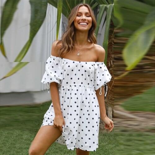 Ardm Sexy Slash Neck Polka Dotплатья для женщин White Puff Sleeve Vintage Mini Dress Casual Loose Femme Robe Spring 2021