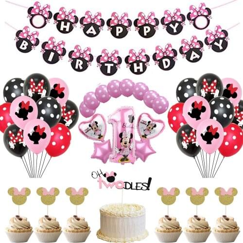 Disney Minnie mouse Happy Birthday Cake Topper and Banners Kids 1 year old Girls favor minnie mouse Themed Birthday Party Decor