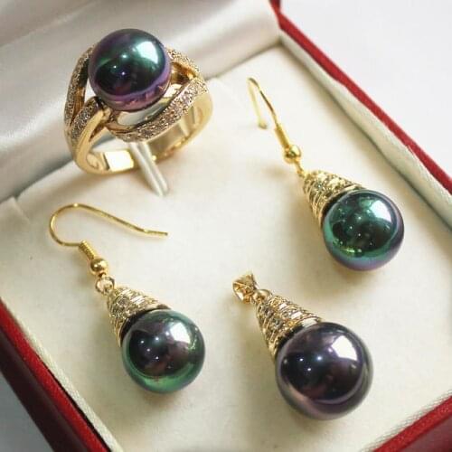 Noble new jewelry purple 18KGP + 12mm shell pearl pendant, earring, , ring set jade