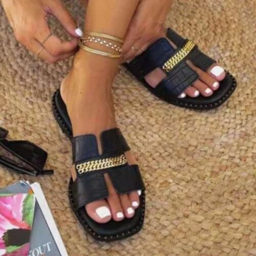 Big size Women Flat Flip Flops Double Chain Sandal Slippers Shoes Women Lady Flats Slippers Sandals Shoes Woman 2021 new