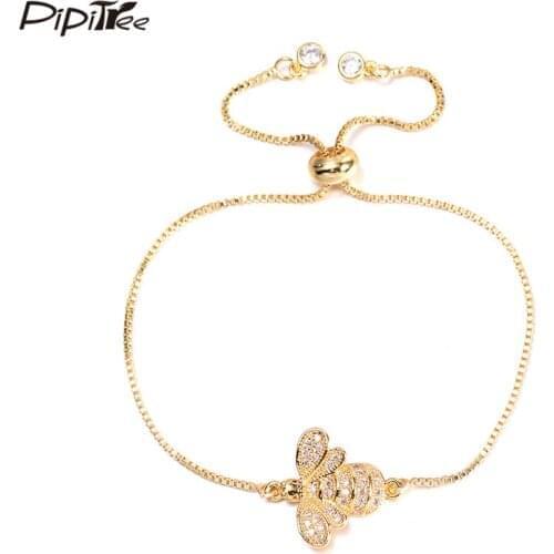 Pipitree Fashion Cubic Zirconia Honeybee Bracelet for Women Men Adjustable Slider Chain Bracelets Charm Jewelry Birthday Gift